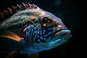 Deep-water fish at the bottom of the ocean. A scary fish with big teeth. Underwater world. Generative AI photo