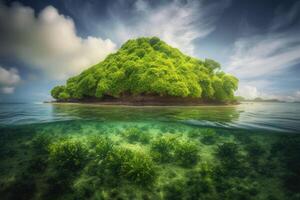 A tropical island in the middle of the ocean. Palm trees and beach on the island. photo