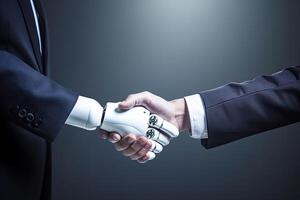 Man and robot shake hands. Technology meets humanity. photo