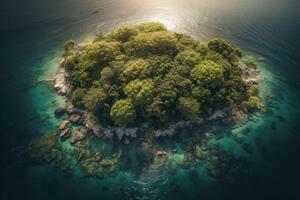 A tropical island in the middle of the ocean. Top view. Green palm trees and beach on the island. Generative AI photo