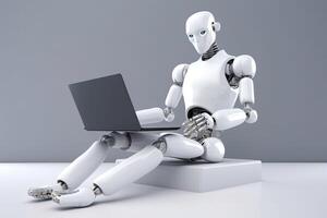 The robot works with a laptop in the office. illustration photo