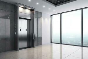 Interior view of a modern elevator. Office or modern hotel hallway, empty lobby interior. Generative AI photo