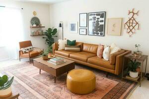 medio siglo moderno vivo habitación con bronceado cuero sofá, geométrico alfombra y Arte huellas dactilares. generativo ai foto