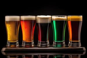 Glasses with different sorts of beer. Tap beer in pint glasses arranged in a row. Generative AI photo