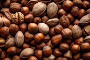 Natural background made from different kinds of nuts, top view. Generative AI photo