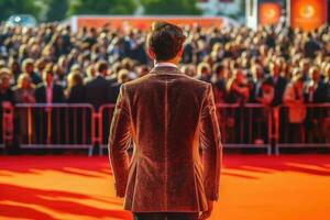 mundo entretenimiento estrella en el rojo alfombra de un festival espalda vista. generativo ai foto