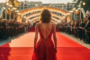 mundo entretenimiento estrella en el rojo alfombra de un festival espalda vista. generativo ai foto