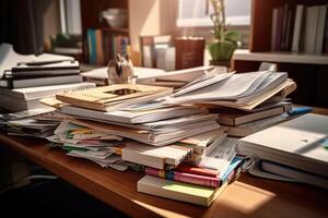 Office desk with an organized stack of papers. Unfinished documents on office desk. photo