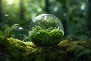 Crystal ball with plants on moss in forest environmental. Earth day concept. photo