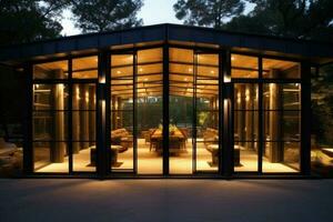 Pavilion with nature view. Steel frame, wood, glass doors. Black loft modern house. Generative AI photo