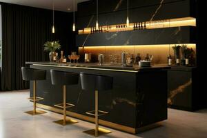 moderno negro bar mostrador con oro acentos generativo ai foto