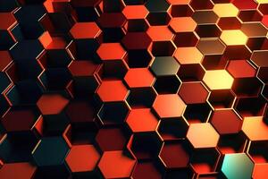 Dark hexagon abstract technology background with colored bright flashes. Generative AI photo