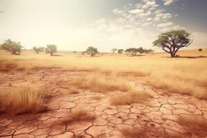 Dry grassy meadow with lush trees and cracks on ground representing concept of drought in desert. photo