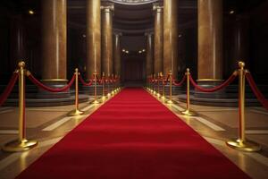 Awards show background. Red velvet carpet between golden barriers connected by a rope. photo