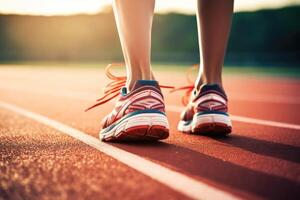 Close up view of runner sport shoes sprint running on track. Training for marathon. photo