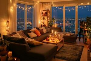 escandinavo estilo vivo habitación. un acogedor vivo habitación con calentar ligero. fiesta tiempo. generativo ai foto