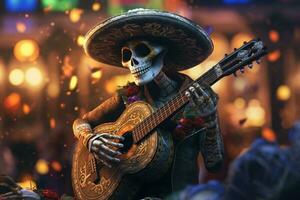 A skeleton mariachi playing the guitar. The Day of the Dead style. Generative AI photo