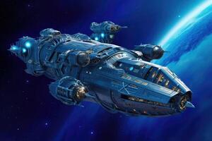 A futuristic intergalactic spaceship on the background of a blue planet. photo