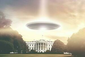Alien UFO spaceship fly above White House government of USA with sun light. Generative AI photo
