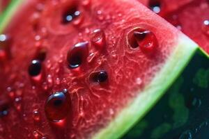 Close up of fresh slice red watermelon. Food background. Red surface with black seeds. Generative AI photo