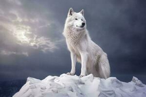 A white wolf stands on a snowy mountain top. Animal portrait. Generative AI photo