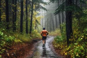 Man runner in sports jacket run forest trail in the rain, back view. Generative AI photo