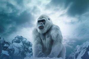 A white gorilla stands on a snowy mountain top. Animal portrait. Generative AI photo