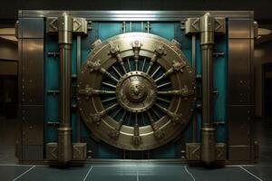 Front view of closed bank vault door. photo