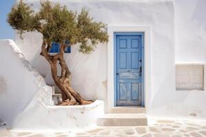 Blue door on a whitewashed Greek house. Mediterranean style. Generative AI photo