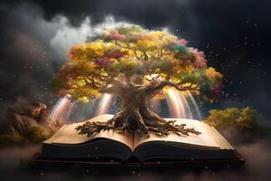 Mystery book from which emerges a magical tree with sparkles and rainbow behind. Generative AI photo