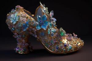 Womens high heeled slipper. Cinderellas slipper made crystal glass and diamonds. Generative AI photo