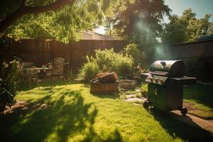 Outdoor dining table and barbeque grill in the back yard of a house. photo