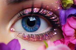 High fashion eye makeup with flowers. Beautiful holiday makeup close up. Generative AI photo