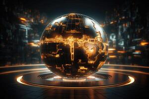World globe in cyber world of information. Future and industry concept with communication and technology. photo