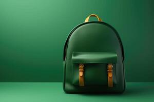 School backpack on green background. Back to school educational banner. Generative AI photo