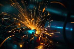 A macro close up of a gas arc welder with sparks of light flying in the air. Generative AI photo