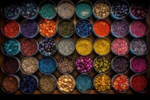 A top view of the bowls with gemstones. Natural gemstone mineral material for jewelry. photo