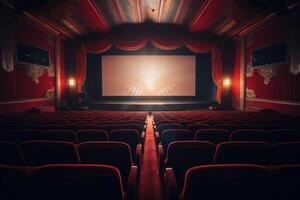 Empty modern movie theatre interior with screen and seats. photo