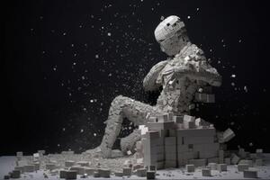 The man made of disintegrating tessellated cubes. Concept of disintegration of mind. Generative AI photo