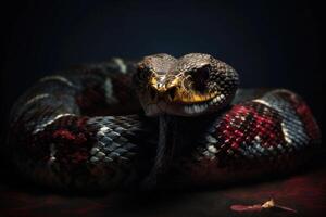 Ancient reptile with red eyes. Dangerous poisonous exotic snake. photo