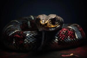 Ancient reptile with red eyes. Dangerous poisonous exotic snake. Generative AI photo