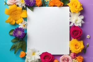 Colorful flowers background with white sheet of paper. Frame in flowers. Mockup. Generative AI photo