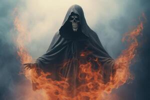 Grim reaper emerging from smoke. Horror and Halloween concept. Generative AI photo