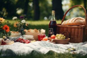 cerca arriba de alimento, bebidas y picnic cesta en cobija en césped a verano parque. generativo ai foto