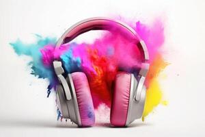 Headphone and vivid color powder on white background. Generative AI photo