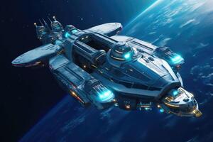 A futuristic intergalactic spaceship on the background of a blue planet. photo