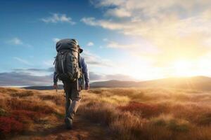 Hiker at sunset mountains with backpack. Outdoor vacation alone into the wild. Generative AI photo