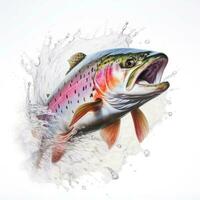 Rainbow trout jumping up and splashing on white background. Generative AI photo