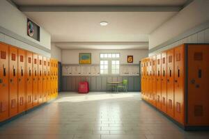 School hallway with modern lockers. Concept of studying and getting knowledge. Generative AI photo