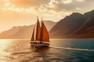 Sailboat in the sea in the evening sunlight over beautiful big mountains background. Generative AI photo